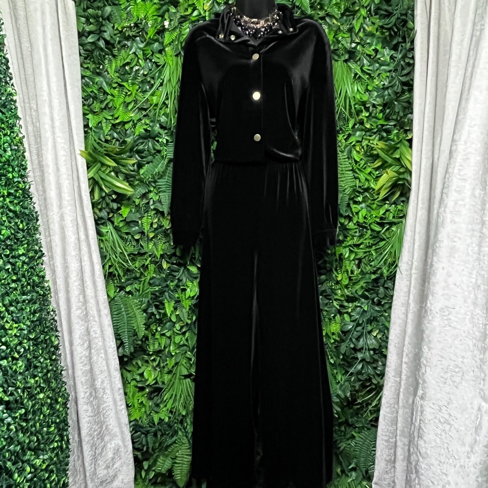 Armani Exchange Jumpsuit Medium Black Velvet Wide Leg Long Sleeve Gold Trim 3865 - Picture 2 of 11